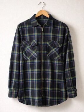 90s Vintage Plaid Zip Flannel Mens Shacket Streetwear Grunge Workwear